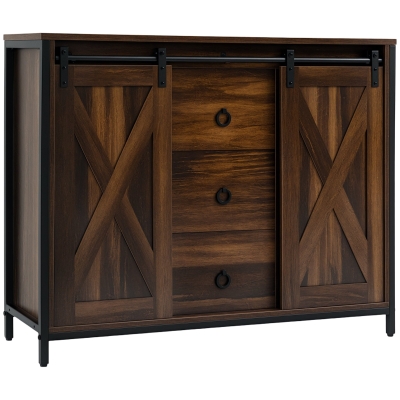 HOMCOM Industrial Buffet Cabinet, Kitchen Sideboard with Sliding Barn Doors, Three Drawers and Adjustable Shelves, Rustic Brown