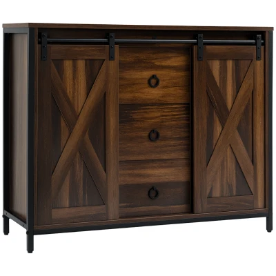 HOMCOM Industrial Buffet Cabinet, Kitchen Sideboard with Sliding Barn Doors, Three Drawers and Adjustable Shelves, Rustic Brown