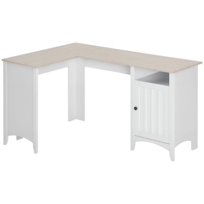 HOMCOM L-Shaped Computer Desk with Shelf and Storage Cabinet, Corner Writing Desk, Home Office Workstation, Natural Wood and White