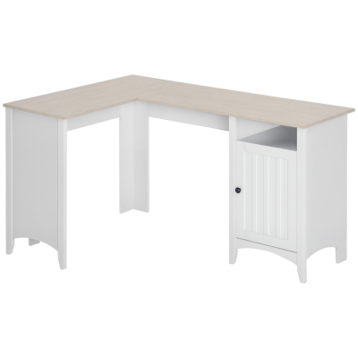 HOMCOM L-Shaped Computer Desk with Shelf and Storage Cabinet, Corner Writing Desk, Home Office Workstation, Natural Wood and White