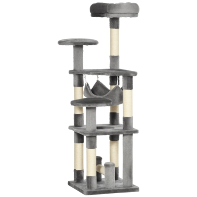 PawHut 52" Multi-Level Cat Tree Tower, Kitten Scratcher Activity Center Play House with Hammock - Grey