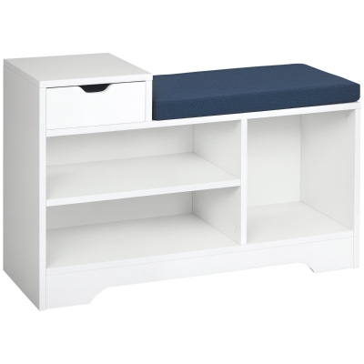 HOMCOM Shoe Bench with Storage, Modern Upholstered Entryway Bench with Open Shelves and Drawer for Living Room, Hallway, White