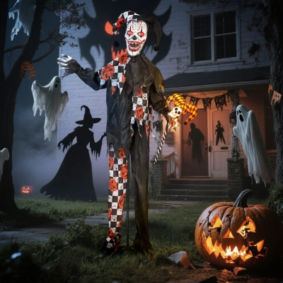Outsunny Life Size Halloween Animated Clown with Red Light Up Eyes, Sound Activated Scary Halloween Decorations, Battery Operated