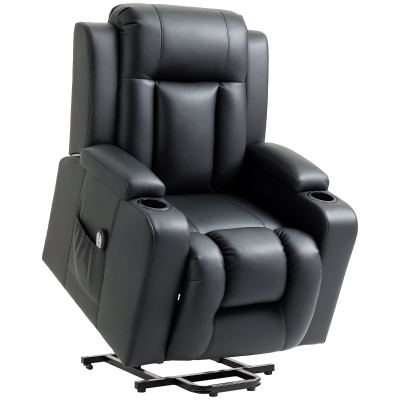 HOMCOM Electric Power Lift Chair for Elderly, PU Leather Recliner Chair with Footrest, Remote Control, Side Pockets and Cup Holders for Living Room, Black