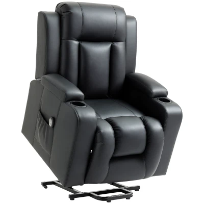 HOMCOM Electric Power Lift Chair for Elderly, PU Leather Recliner Chair with Footrest, Remote Control, Side Pockets and Cup Holders for Living Room, Black
