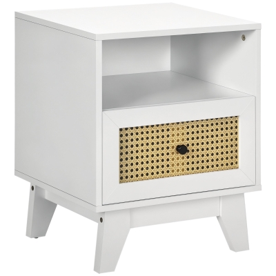 HOMCOM Bedside Table with Rattan Element, Side End Table with Drawer and Shelf, 17.7"x15.4"x22.2", White