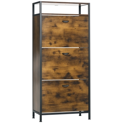 HOMCOM Industrial 12 Pair Shoe Storage Cabinet with 3 Flip Drawers and Open Shelf, Shoe Storage Organizer Rustic Brown