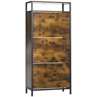 HOMCOM Industrial 12 Pair Shoe Storage Cabinet with 3 Flip Drawers and Open Shelf, Shoe Storage Organizer Rustic Brown