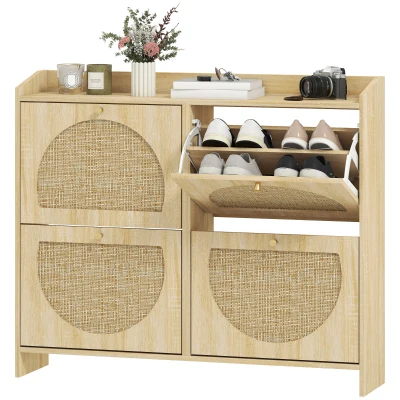 HOMCOM 4 Flip-Drawer Shoe Cabinet, Shoe Storage Cabinet with Rattan Doors and Adjustable Shelves, Holds 16 Pairs, Natural