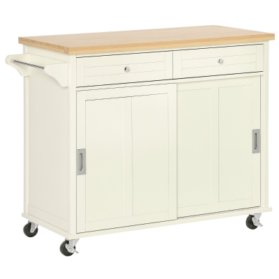 HOMCOM Rolling Kitchen Island, Kitchen Cart on Wheels with Rubberwood Top, 2 Drawers, Towel Rack, Cream White