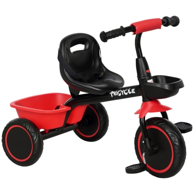 Qaba Large Kids Tricycle for Toddler 2-5 Year Old Girls and Boys, Toddler Trike Bike with Adjustable Seat, Safety Belt,  Two Storage Baskets, Red