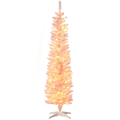 HOMCOM 6' Flocked Christmas Trees, Pencil Prelit Artificial Christmas Tree with Snow Branches, Pink