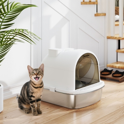 PawHut Enclosed Stainless Steel Litter Box, Metal Cat Litter Box with Scoop, Deodorizer Bag, Handle, Easy to Clean