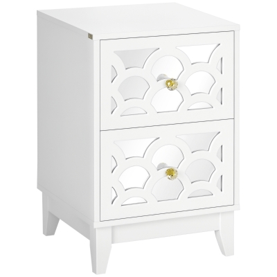 HOMCOM Modern Bedside Table, Side End Table with Drawers and Front Mirror, 15.4"x14.4"x23.6", White