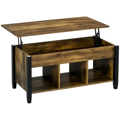 HOMCOM Lift Top Coffee Table with Hidden Storage Compartment and 3 Lower Shelves, Pop-Up Center Table for Living Room, Rustic Brown