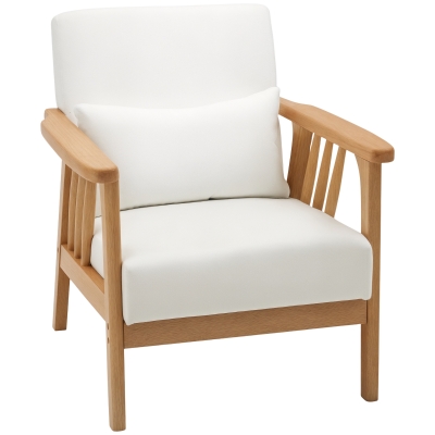 HOMCOM Armchair Upholstered Lounge Chair with Rubber Wood Frame Throw Pillows and Comfortable Cushion, White