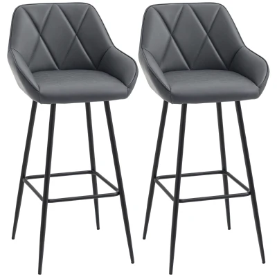 HOMCOM Retro Bar Stools Set of 2, Bar Chairs with Footrest, 30" (76 cm.) Kitchen Stools with Backs and Steel Legs, for Kitchen Island and Home Bar, Grey