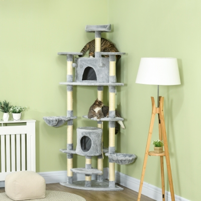 PawHut 79" Cat Tree Multi-Level with Two Condos, Kitty Tower with Scratching Posts, Two Hammocks, Perches, Interactive Toys, Dark Gray