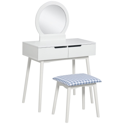 HOMCOM Vanity Table Set with Round Mirror and 2 Drawers, Dressing Table with Cushioned Stool Set for Bedroom (White)