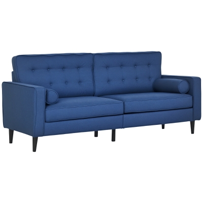 HOMCOM Mid-Century Sofa, Couch with Button-Tufted Back Cushion, Velvet Feel Fabric Upholstery, 2 Cylindrical Pillows and Rubber Wood Legs for Living Room, Dark Blue