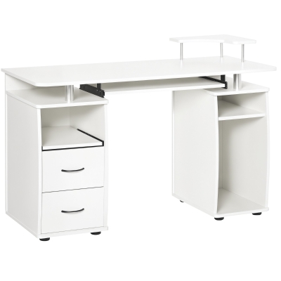 HOMCOM Computer Desk with Keyboard Tray, Home Office Desk with Drawers, CPU Stand, Printer Stand and Open Shelves, Writing Workstation for Study, White