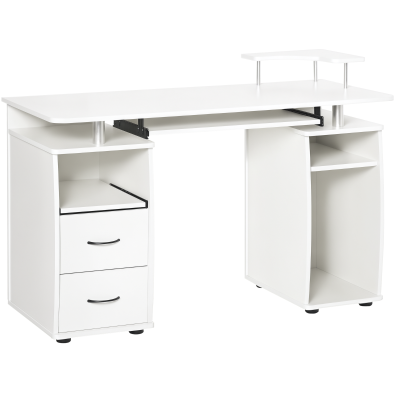 HOMCOM Computer Desk with Keyboard Tray, Home Office Desk with Drawers, CPU Stand, Printer Stand and Open Shelves, Writing Workstation for Study, White
