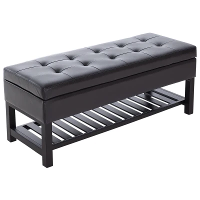 HOMCOM 44" PU Leather Tufted Ottoman Shoe Bench Storage Chest Hallway Brown