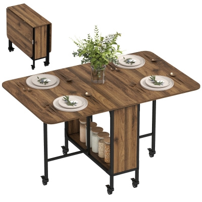 HOMCOM Folding Dining Table, Extendable Kitchen Table for Small Spaces with Storage Shelf and 6 Wheels, Light Brown