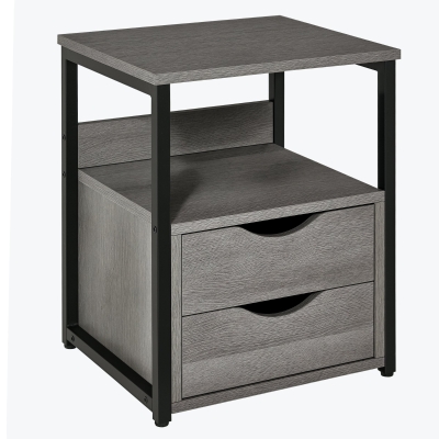 HOMCOM Industrial End Table, 2 Drawers, Open Shelf, Gray