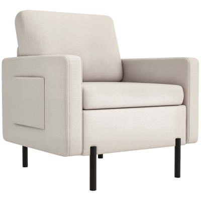 HOMCOM Armchair, Fabric Accent Chair, Modern Living Room Chair with Metal Legs, 2 Side Pockets for Bedroom, Cream