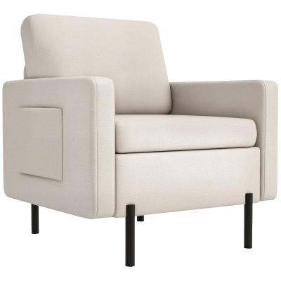 HOMCOM Armchair, Fabric Accent Chair, Modern Living Room Chair with Metal Legs, 2 Side Pockets for Bedroom, Cream