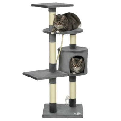 PawHut 46Inch Scratching Cat Tree, Multi Level Cat Tower for Large Cats Adult with Toys and Condo, Grey