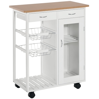 HOMCOM 34" Rolling Wood Kitchen Trolley Serving Cart with Drawer and Cabinet Wheeled Kitchen Storage Island White with Bamboo Top