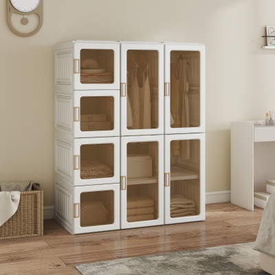 HOMCOM Portable Wardrobe, Foldable Plastic Closet with 8 Compartments, 2 Hanging Rods and Magnetic Clear Doors, Brown