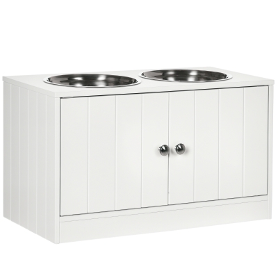 PawHut Elevated Dog Bowls for Large Dogs Pet Feeding Station with Stand, Storage, 2 Stainless Steel Food and Water Bowls, White, 23.6" x 11.8" x 14"