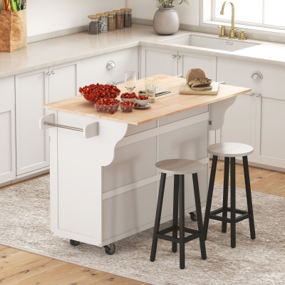 HOMCOM Rolling Kitchen Island Cart with Drop Leaf & Drawers, White