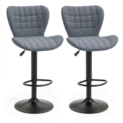 HOMCOM Bar Stools Set of 2, Adjustable Height Swivel Bar Chairs, Linen-feel Fabric Upholstered Kitchen Counter Stools with Wide Seat, Back and Footrest, Grey