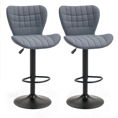 HOMCOM Bar Stools Set of 2, Adjustable Height Swivel Bar Chairs, Linen-feel Fabric Upholstered Kitchen Counter Stools with Wide Seat, Back and Footrest, Grey