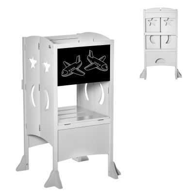 Qaba Kids Kitchen Helper Foldable Step Stool Toddler Kitchen Stool with Blackboard Lockable Handrail for 3-6 Years old Grey