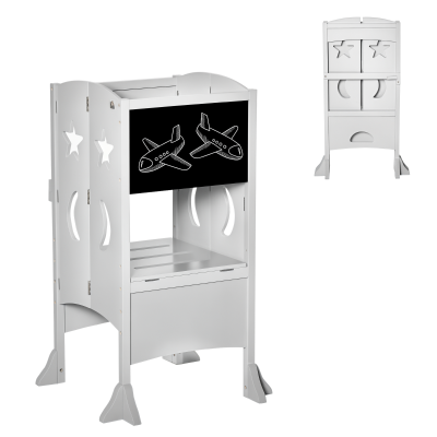 Qaba Kids Kitchen Helper Foldable Step Stool Toddler Kitchen Stool with Blackboard Lockable Handrail for 3-6 Years old Grey