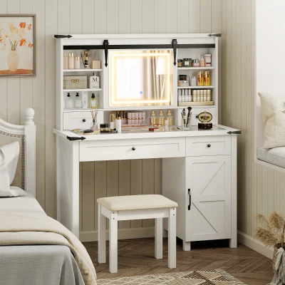 HOMCOM Vanity Desk Set with Mirror, Lights, Drawer & Stool, White