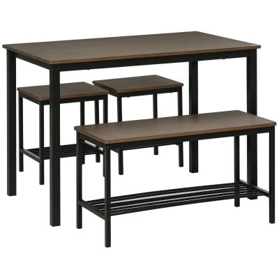 HOMCOM Industrial Dining Table Set, Kitchen Table and Chairs for 4, Dinner Table with Bench Set with Metal Frame & Storage Shelf, 4 Piece Dinette Set