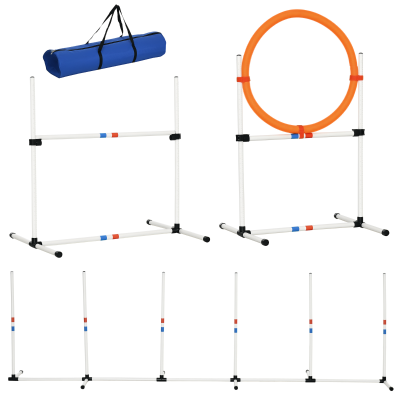 PawHut 3 Piece Dog Agility Training Equipment for Indoor & Outdoor, Dog Agility Equipment Set with High Jump, Jumping Ring, Weave Poles, Storage Bag, Withe, Blue and Orange