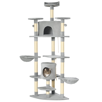 PawHut 79" Cat Tree Multi-Level with Two Condos, Kitty Tower with Scratching Posts, Two Hammocks, Perches, Interactive Toys, Dark Gray