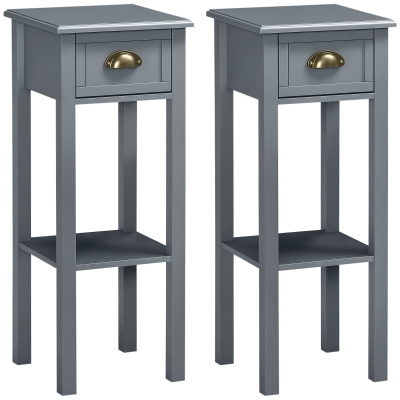 HOMCOM Bedside Table Set of 2, Narrow Side Table with Drawer and Shelf, 2 Tier Tall Nightstand for Bedroom, Grey