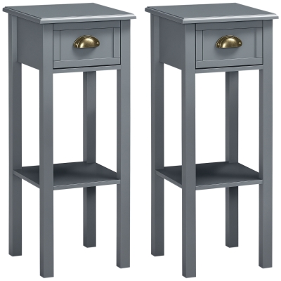 HOMCOM Bedside Table Set of 2, Narrow Side Table with Drawer and Shelf, 2 Tier Tall Nightstand for Bedroom, Grey