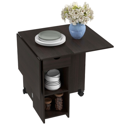 HOMCOM Folding Dining Table, Space Saving Drop Leaf Table with Drawer and Storage Shelves for Kitchen, Dining Room, Dark Brown