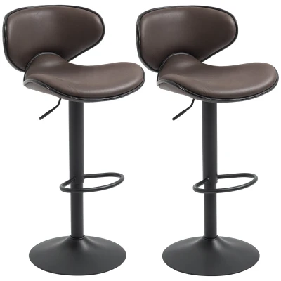 HOMCOM Adjustable Bar Stools Set of 2, Swivel Counter Height Barstools, Leathaire Upholstered Kitchen Island Stools with Back, Footrest and Steel Base, Espresso