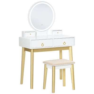 HOMCOM Makeup Vanity Table Set with Round Mirror, Built-in 3 Color LED Light, Dressing Desk with 4 Drawers and Cushioned Stool for Bedroom, White