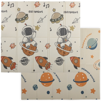 Qaba Double Sided Baby Play Mat, Reversible & Waterproof Foldable Crawling Mat, Astronaut & Planet Theme